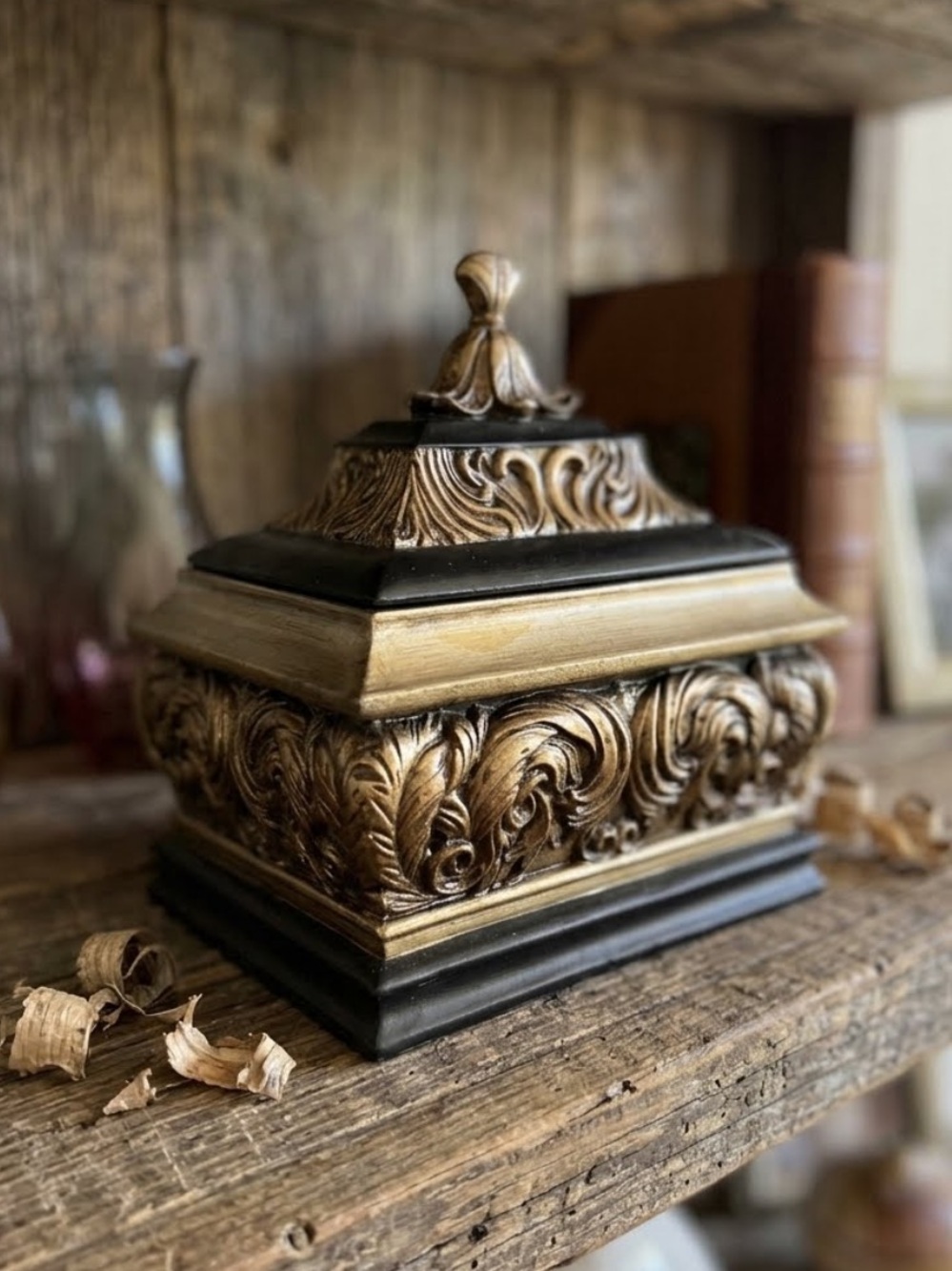 Black & Gold Decorative Box, elegant Ornate trinket, jewelry, stash box. Resin